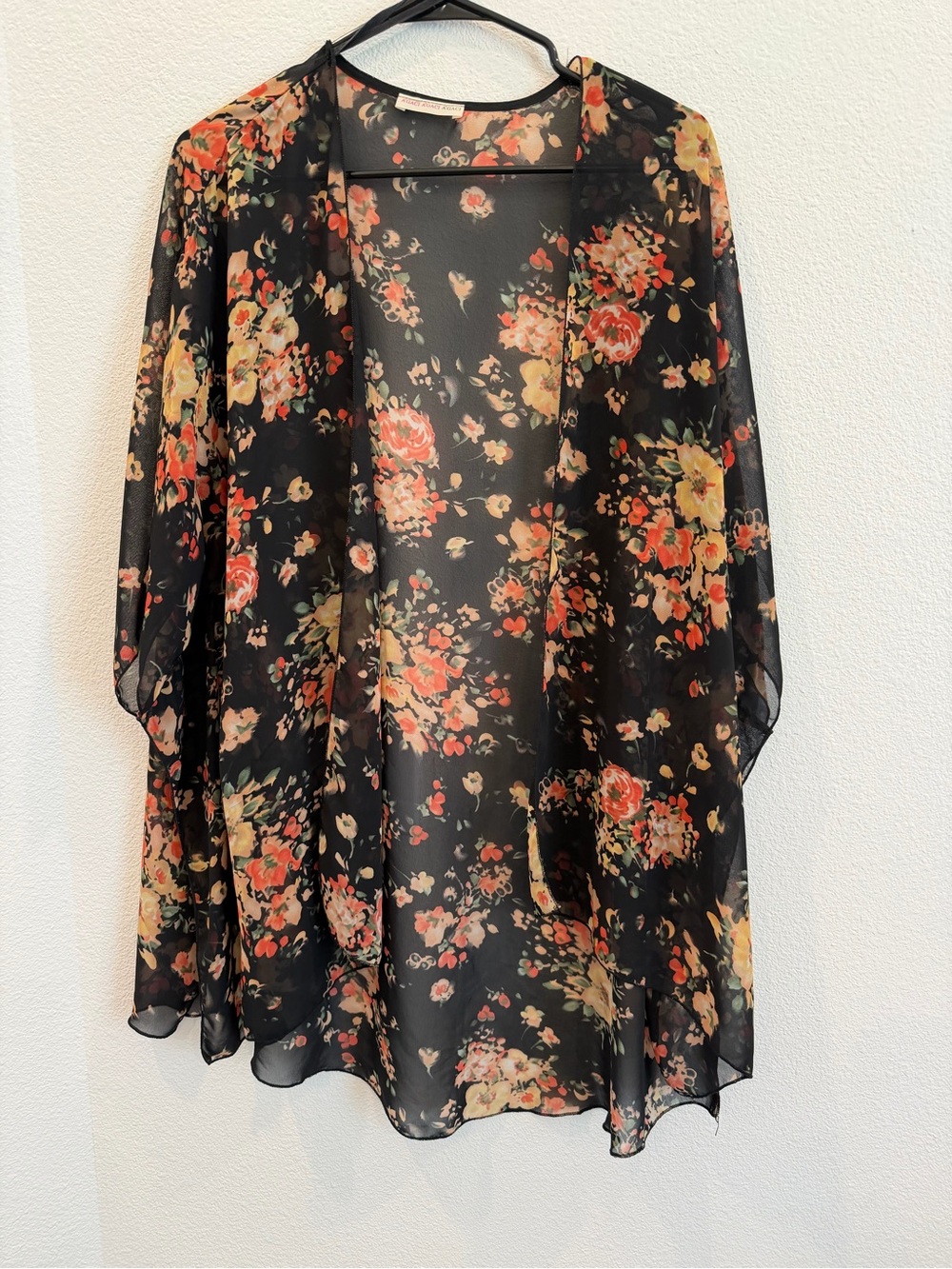a'gaci Black Floral Sheer Kimono with Coral and Green Blooms